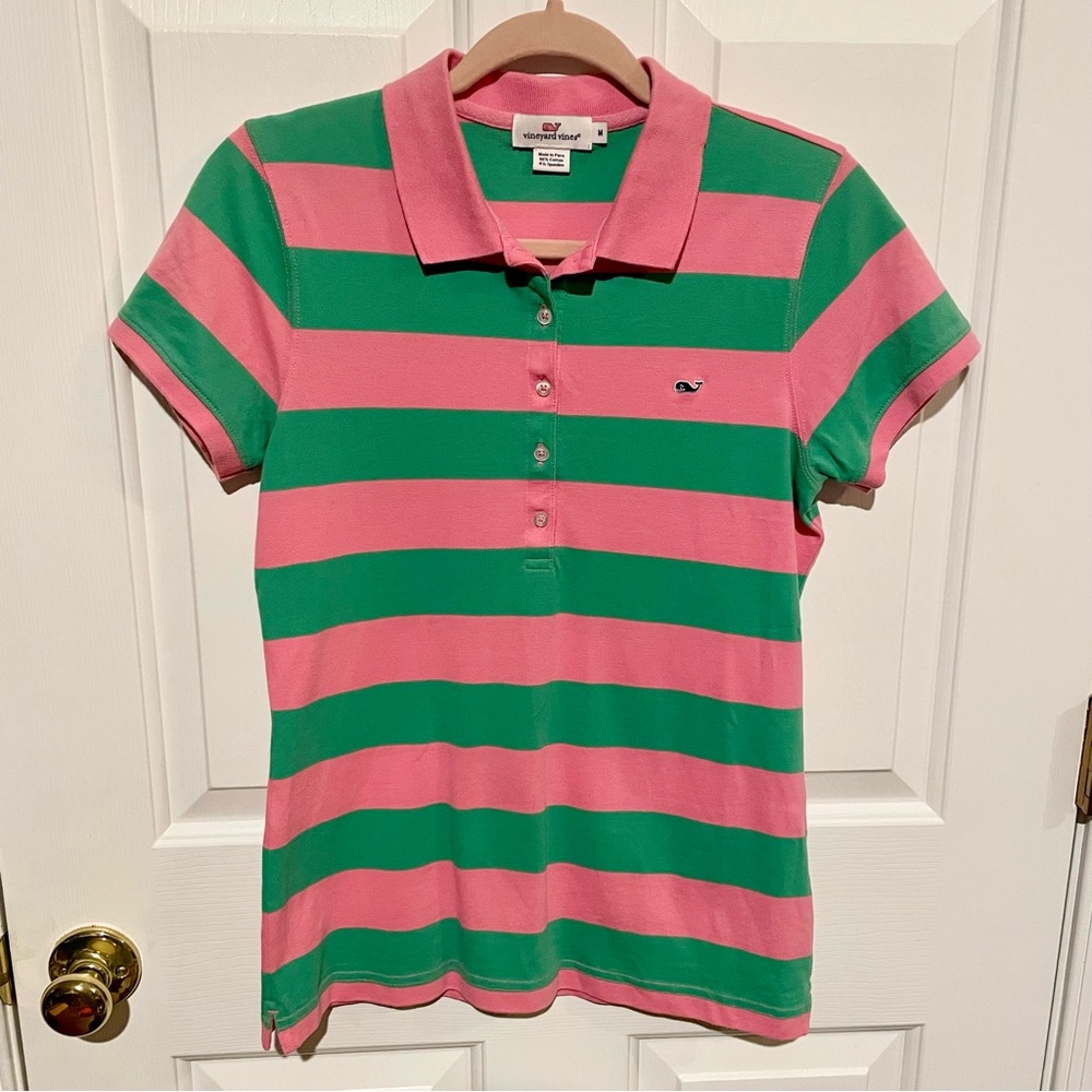 Vineyard Vines Women’s Medium Pink and Green Striped Polo Short Sleeve Shirt